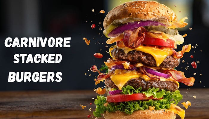 Stacked carnivore burgers - stratup stride - Startup Stride Delicious stacked burgers with cheese, bacon, lettuce, and tomatoes, perfect for a carnivore diet plan, focusing on high-protein and low-carb ingredients