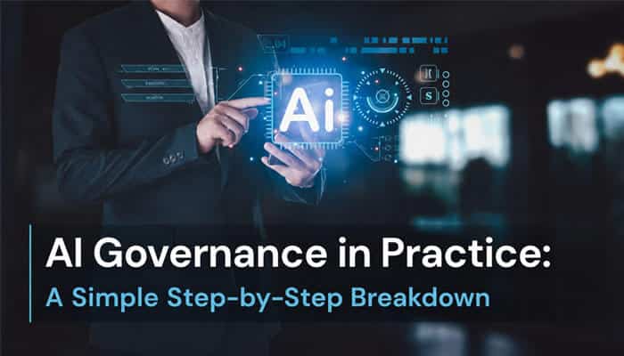 AI Governance in Practice: A Simple Step-by-Step Breakdown - Startup Stride - Startup Stride AI Transformation Is a Problem of Governance image showing a business leader using a digital AI interface, highlighting policy, oversight, accountability, and responsible AI adoption in 2026.