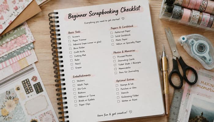 Beginner Scrapbooking Checklist - startupstride - Startup Stride How to start scrapbooking with a beginner scrapbooking checklist featuring essential tools, papers, embellishments, photos, memories, and creative supplies.