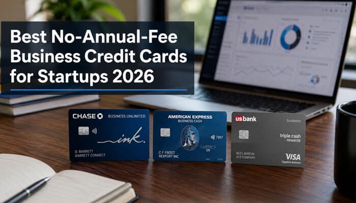 Best No-Annual-Fee Business Credit Cards for Startups 2026 - startupstride - Startup Stride Best business credit cards for startups 2026 showing no-annual-fee card options with business spending dashboard