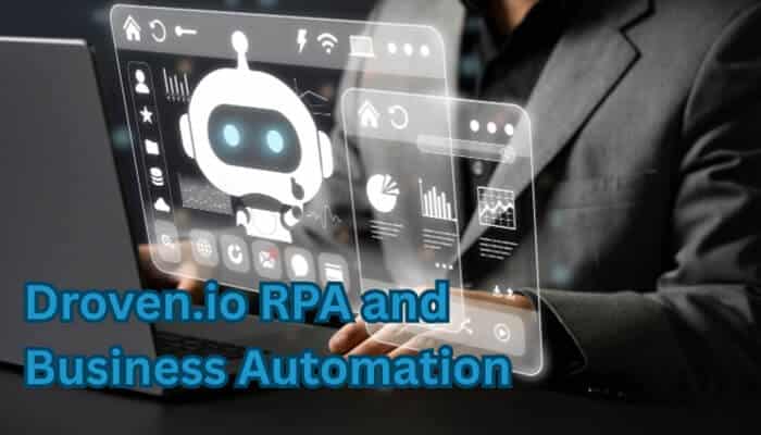 Droven io RPA and Business Automation - Startup Stride - Startup Stride Business professional using laptop with digital AI assistant and analytics dashboard, highlighting Droven.io AI Startup's RPA and business automation solutions for enterprises