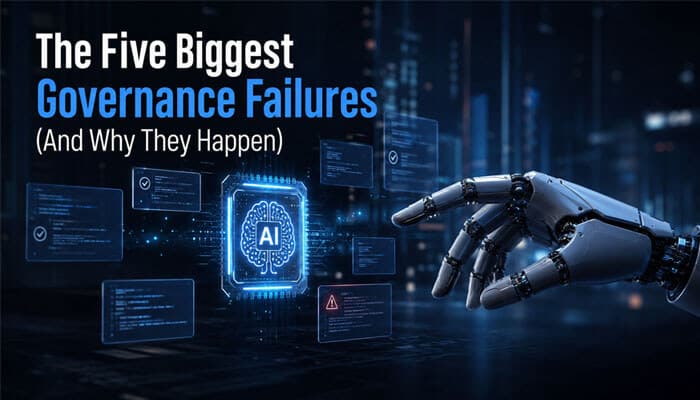 The Five Biggest Governance Failures (And Why They Happen) - Startup Stride - Startup Stride AI Transformation Is a Problem of Governance image showing AI risk dashboards, robotic automation, and digital oversight failures in enterprise governance.