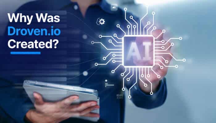 Why Was Droven io Created - Startup Stride - Startup Stride Professional holding tablet interacting with AI network interface, illustrating the purpose and creation of Droven.io AI Startup for business automation and AI innovation.