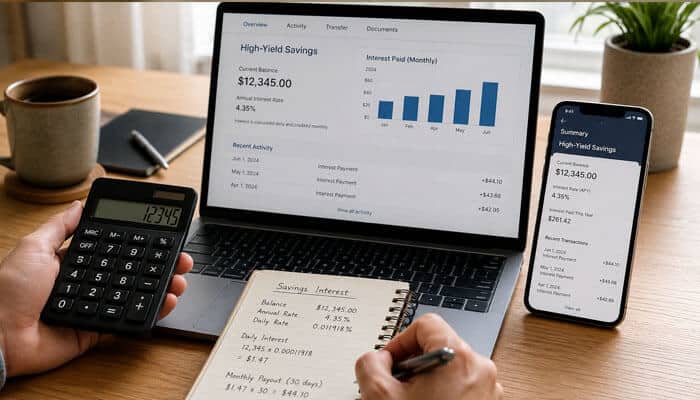 How ING Calculates and Pays Interest -startupstride - Startup Stride ING Savings Accelerator interest rate calculation example with laptop dashboard, calculator, and monthly interest earnings overview.