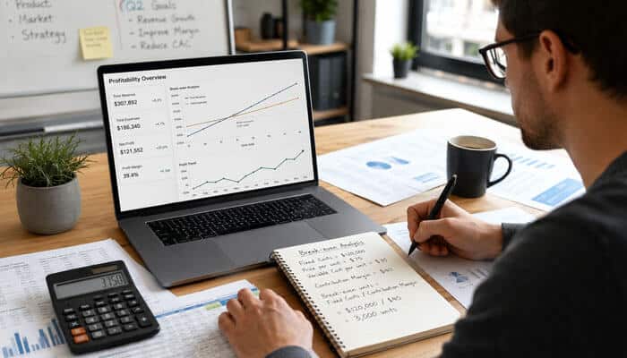 How to Calculate When Your Startup Will Become Profitable - Tycoonstory - Startup Stride Entrepreneur analyzing profitability charts on a laptop, taking notes, and calculating startup financials to understand How Long Do Startups Take to Become Profitable.