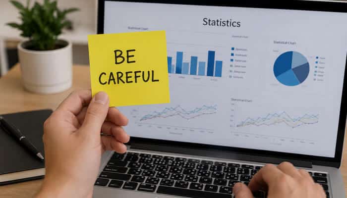 Be Careful With Precise GDTJ45 Statistics - Details of GDTJ45 Builder Software - Startup Stride Details of GDTJ45 Builder Software statistics displayed on a laptop with a be careful warning note