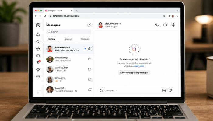 Can You Turn Off Vanish Mode on Instagram Web or Desktop 1 - Startup Stride How to turn off vanish mode on Instagram using Instagram messages on a desktop laptop